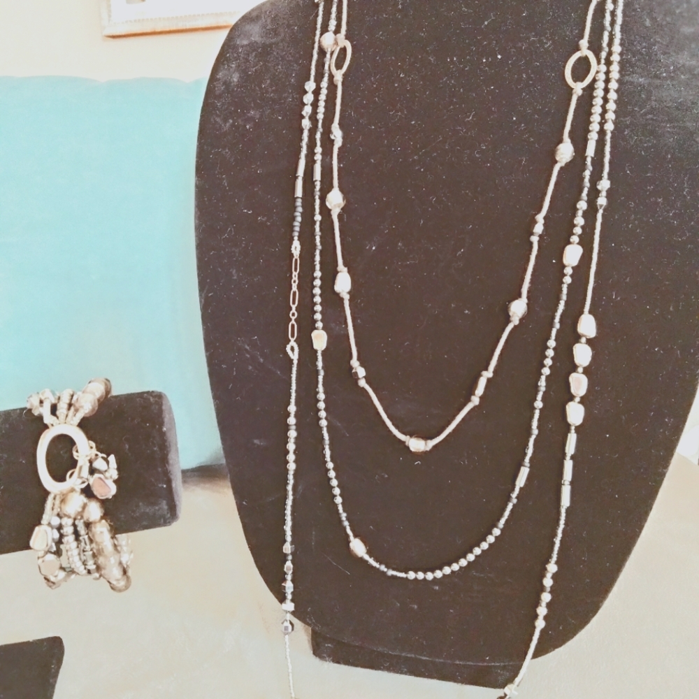 Silpada Sterling Silver Hematite/Bead 7 1/2" Stretch Bracelet and 31" Necklace